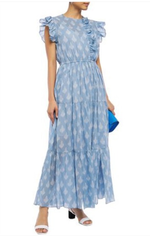 Maje Roses Ruffle-Trimmed Printed Cotton-Voile Maxi Dress In Light Blue Size 2